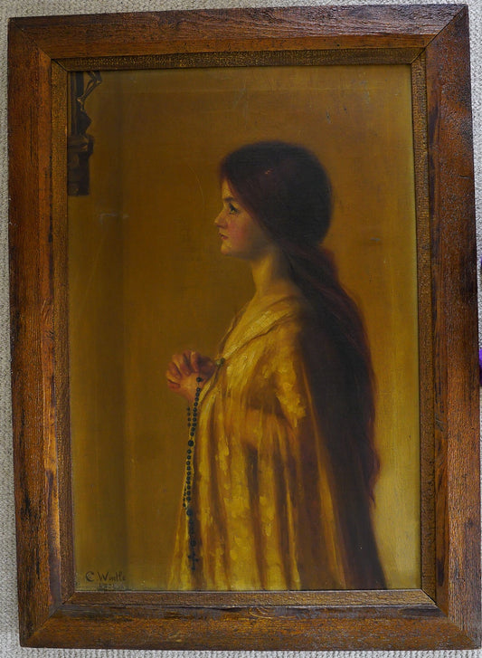 Exquisite Pre-Raphaelite Oil Painting of a Woman with Rosary by C. Wintle | Antique Art | 19th Century