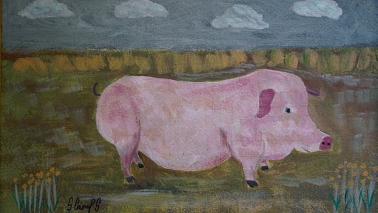 Steve Camps, Cornish Modern Artist. Pig in Field. Oil on Board