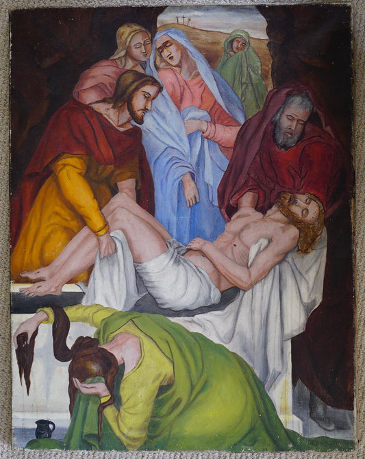 Vintage Mid-Century Religious Oil Painting on Canvas - Jesus Lamentation Scene - Collectible Christian Art