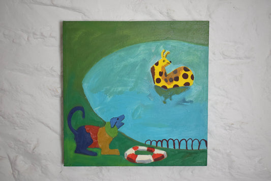 Naive Acrylic on Canvas Dog and Giraffe