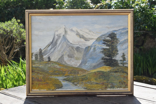 Mid 20th Century Impressionist Landscape Mountain Scene, Oil on Board