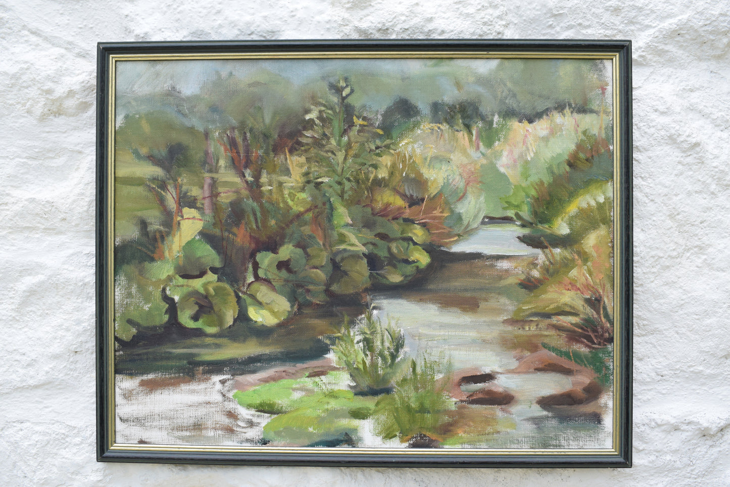 British School Mid Century Riverscape Oil on Canvas Board