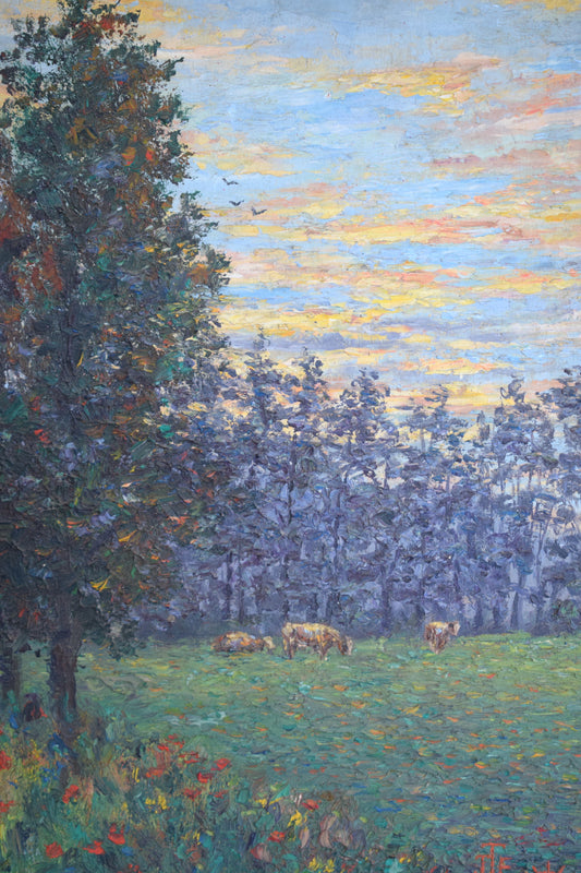 JTE Early 20th Century Landscape Scene Cattle Grazing at Sunrise, Oil on Board