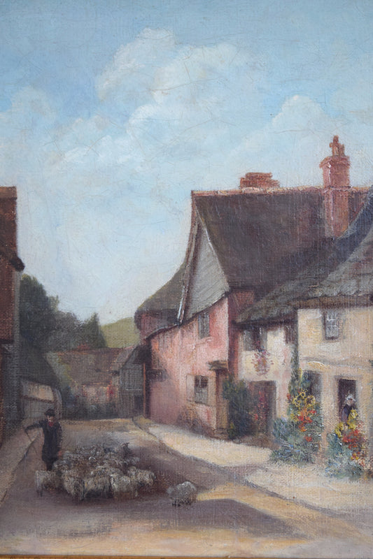 19th Century British School Landscape Village Scene with Shepherd, Oil on Canvas