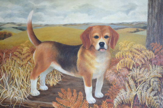 20th Century Large Portrait of a Beagle Signed Hopper, Oil on Canvas