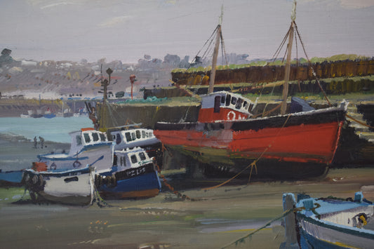 Bernard EVANS (1929-2014) Red Boat Newlyn, Cornwall Oil Painting