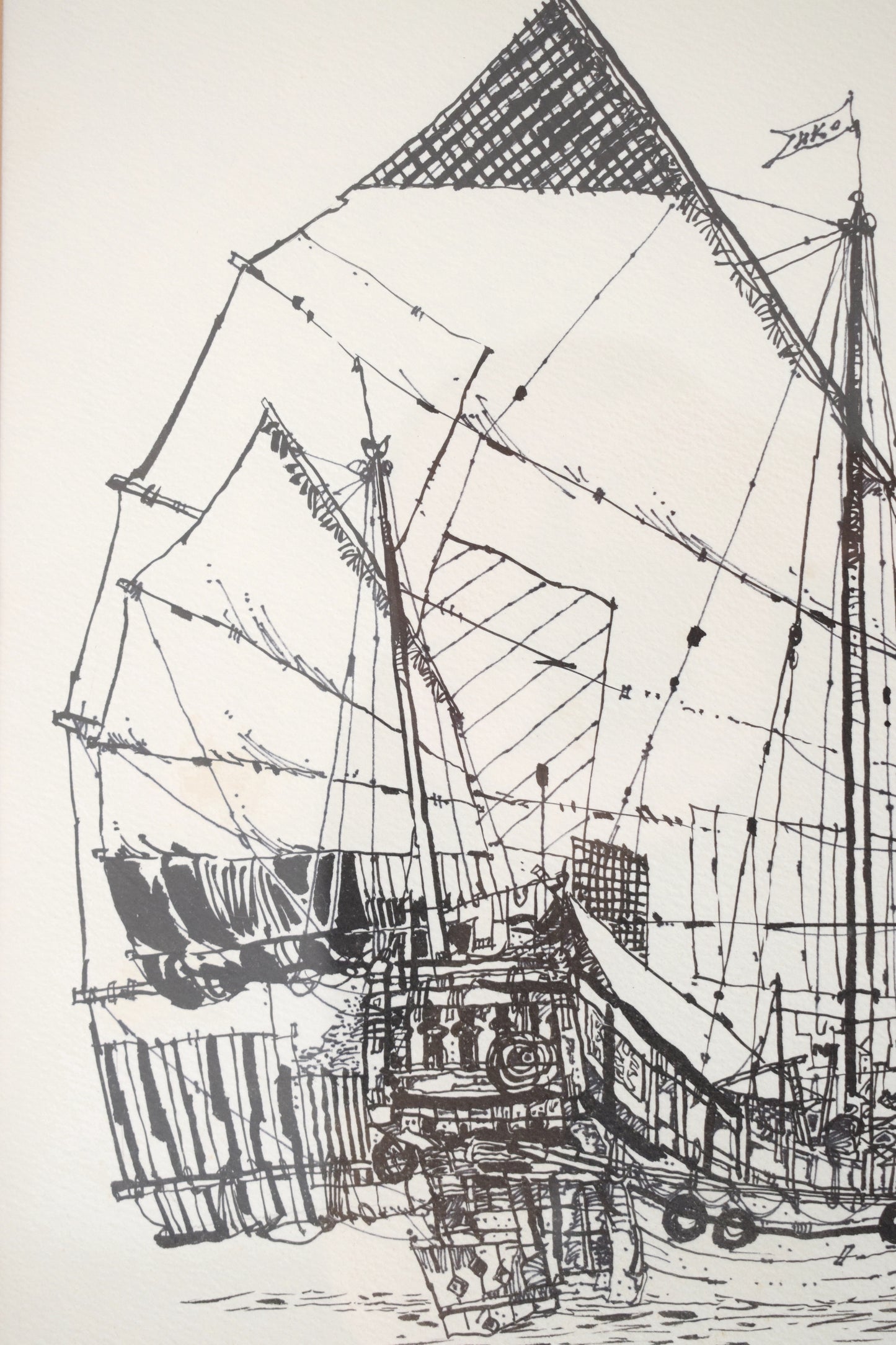 Early 20th Century Japanese Pen and Ink Drawing of a Junk Rig