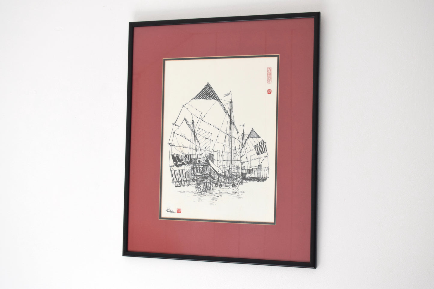 Early 20th Century Japanese Pen and Ink Drawing of a Junk Rig