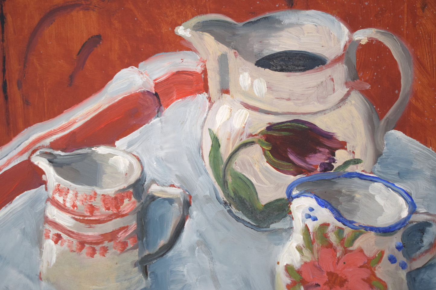 Suzie BISHOP Still Life of Ceramic Jugs, Oil on Board