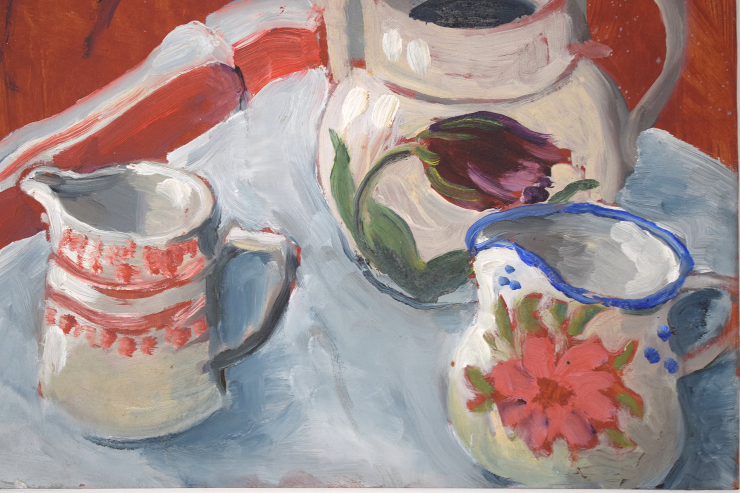 Suzie BISHOP Still Life of Ceramic Jugs, Oil on Board