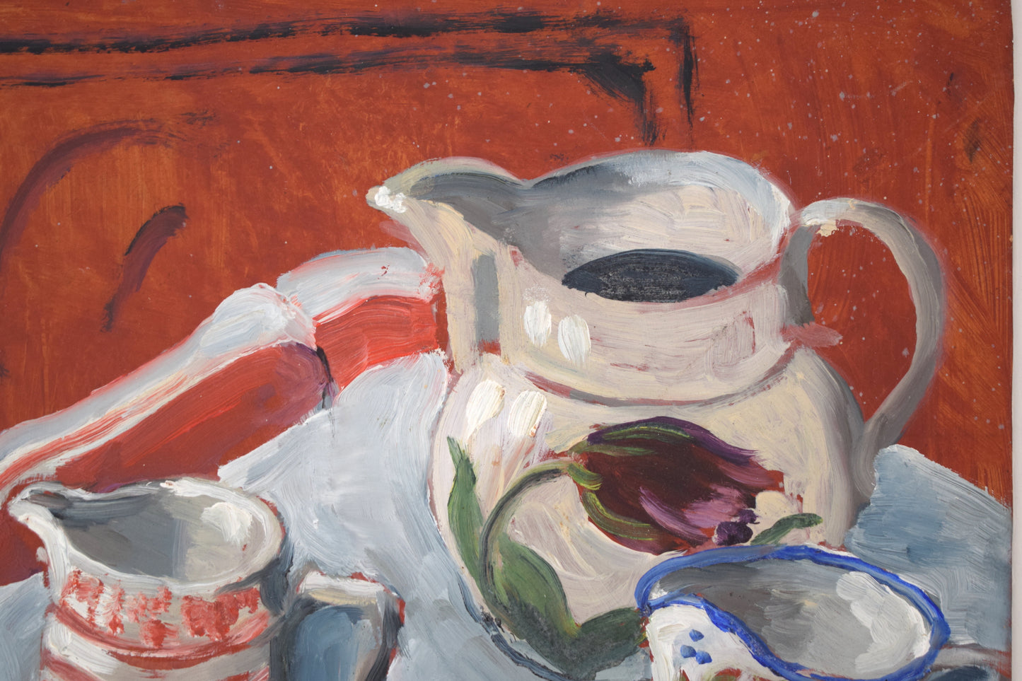 Suzie BISHOP Still Life of Ceramic Jugs, Oil on Board