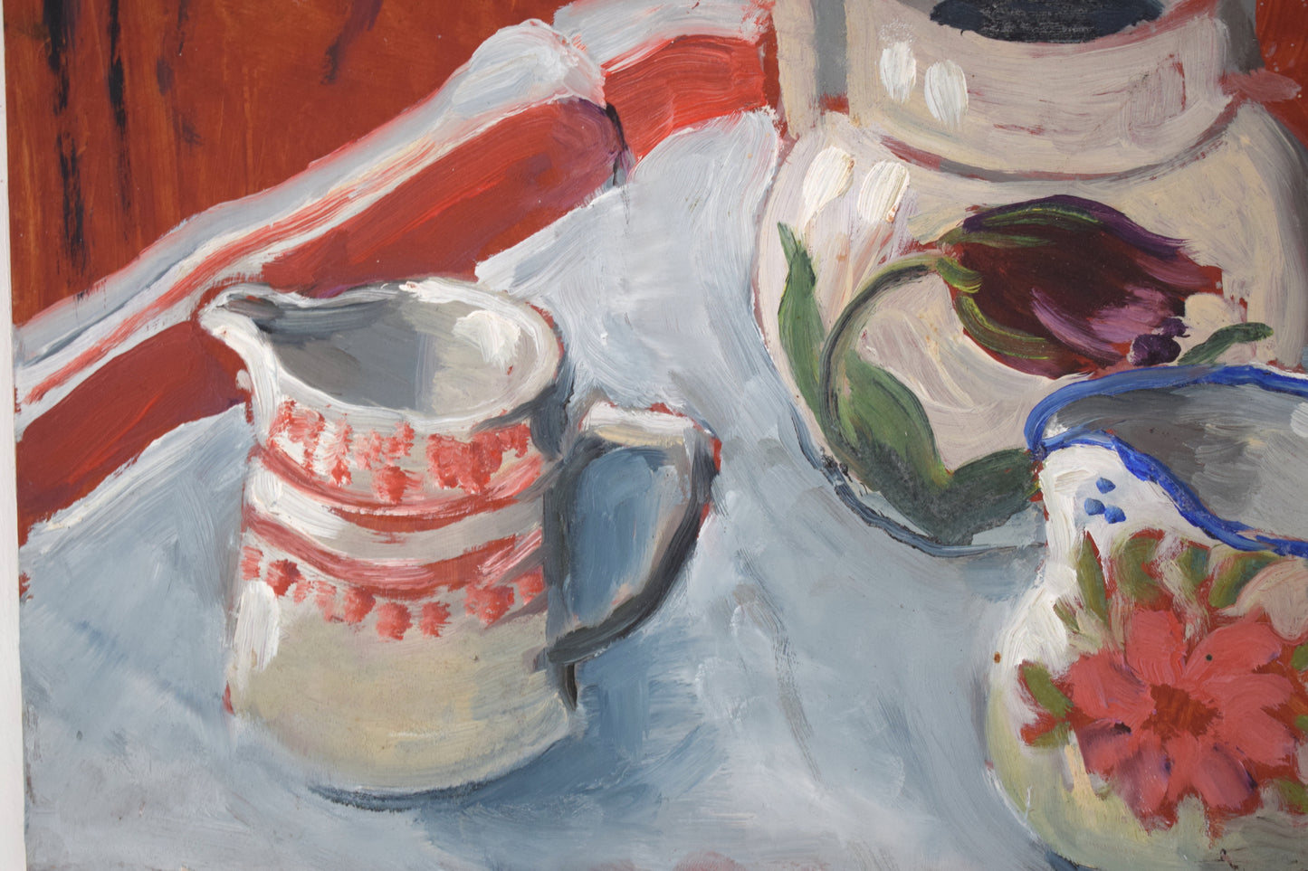 Suzie BISHOP Still Life of Ceramic Jugs, Oil on Board