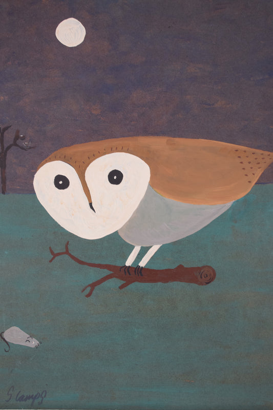 Steve CAMPS Naive Acrylic on Board, Owl and Mouse