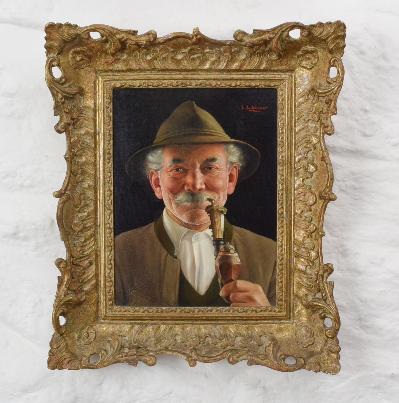 ERWIN EICHINGER Bavarian Pipe Smoking Man Oil on Board