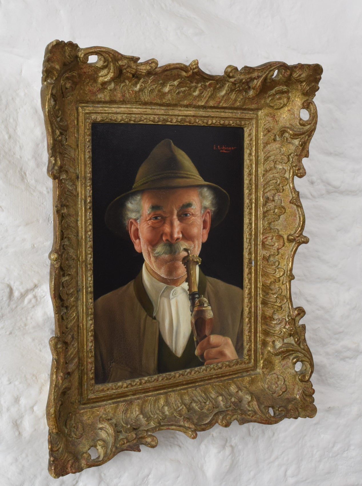 ERWIN EICHINGER Bavarian Pipe Smoking Man Oil on Board